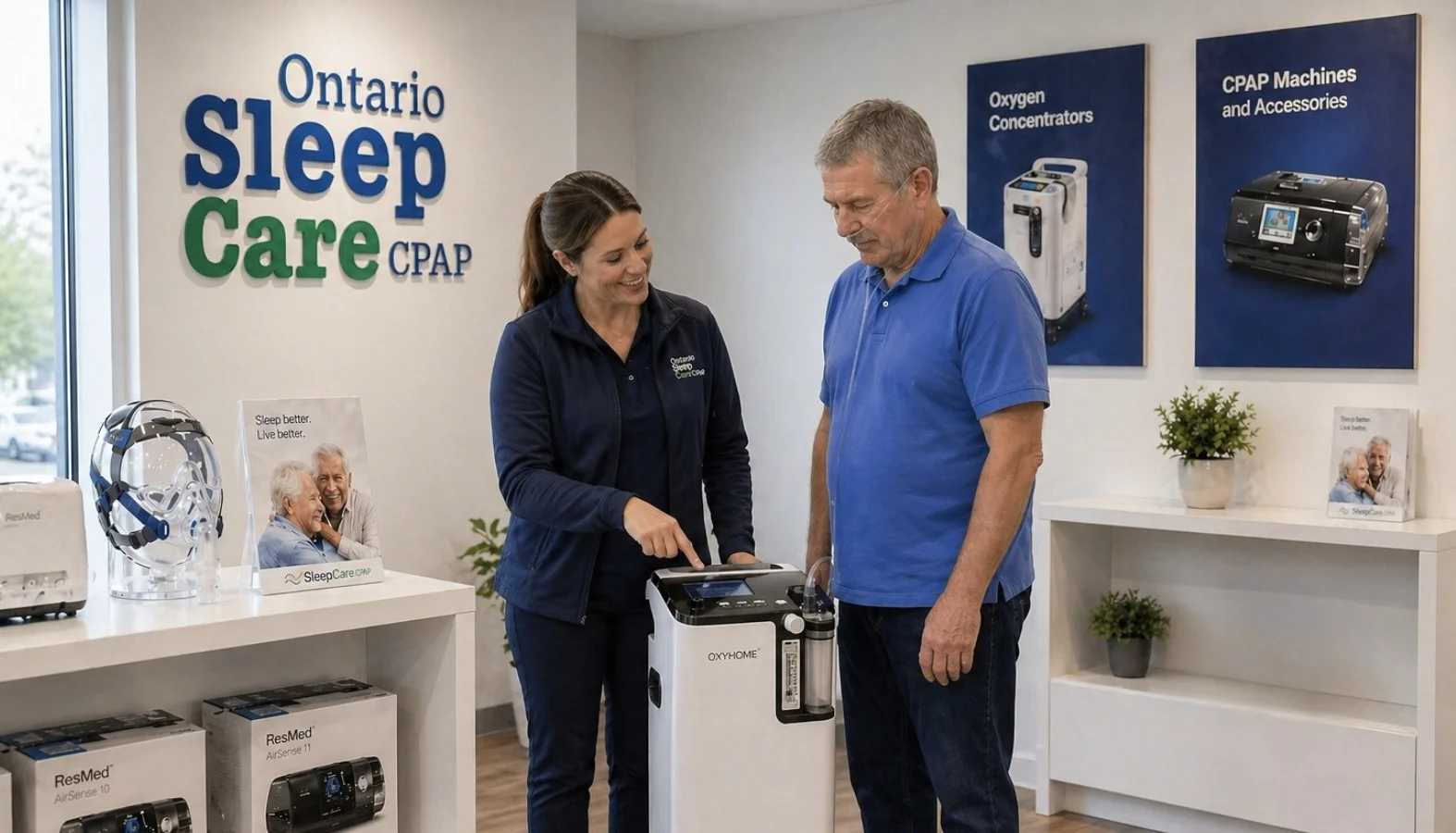 Ontario Sleep Care specialist showing a patient how to use a CPAP machine in an Ontario clinic